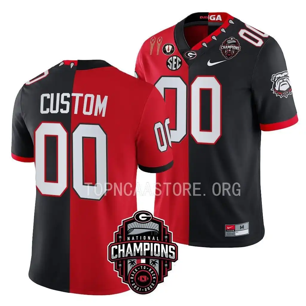 Men's Georgia Bulldogs #00 Custom Back-To-Back Red College 2X National Champions Black Split Football Jersey 2410ELFD7