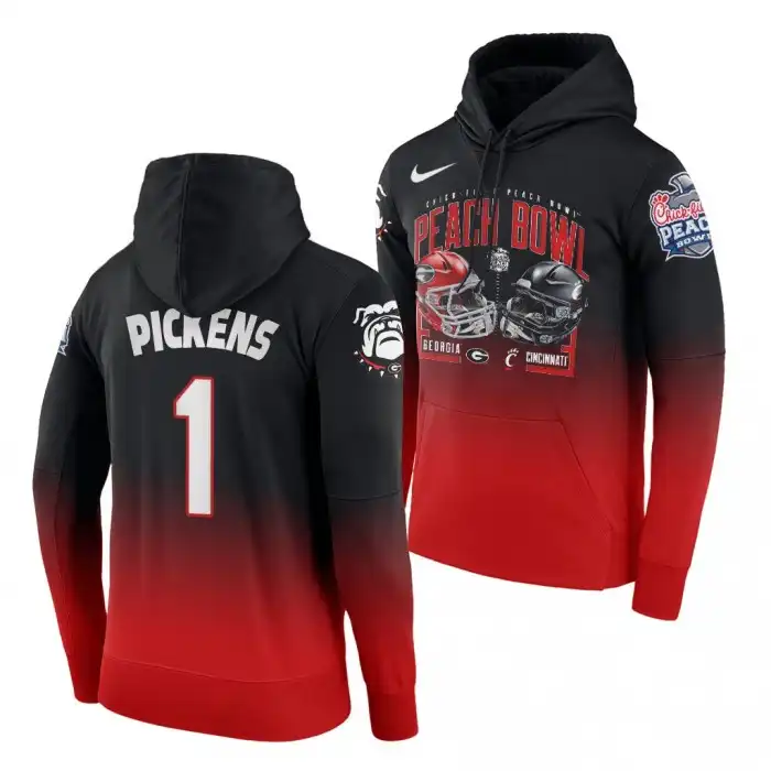 Men's Georgia Bulldogs #1 George Pickens 2021 Peach Bowl Red College Gradient Football Hoodie 2410PJIE8