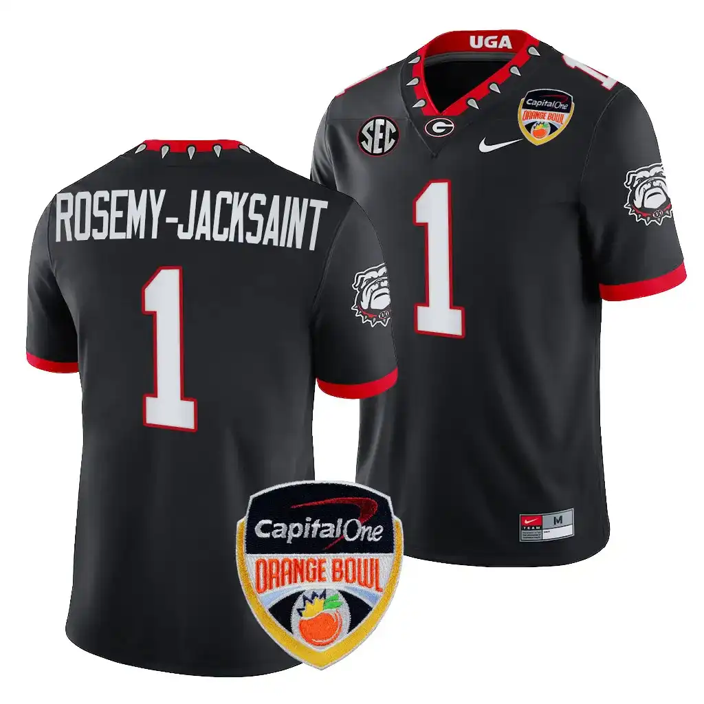 Men's Georgia Bulldogs #1 Marcus Rosemy-Jacksaint 2023 Orange Bowl Playoff College Black Football Jersey 2410IODZ2