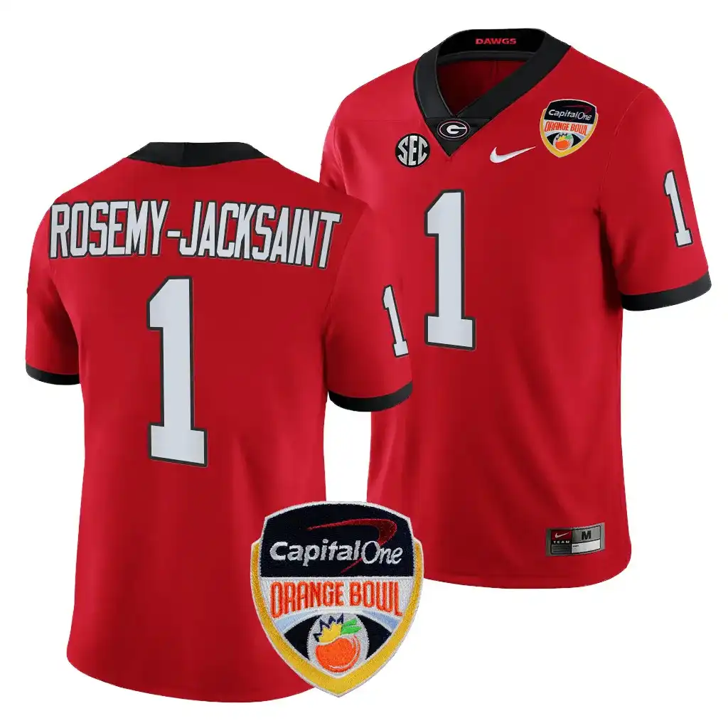 Men's Georgia Bulldogs #1 Marcus Rosemy-Jacksaint 2023 Orange Bowl Playoff College Red Football Jersey 2410AAIC4