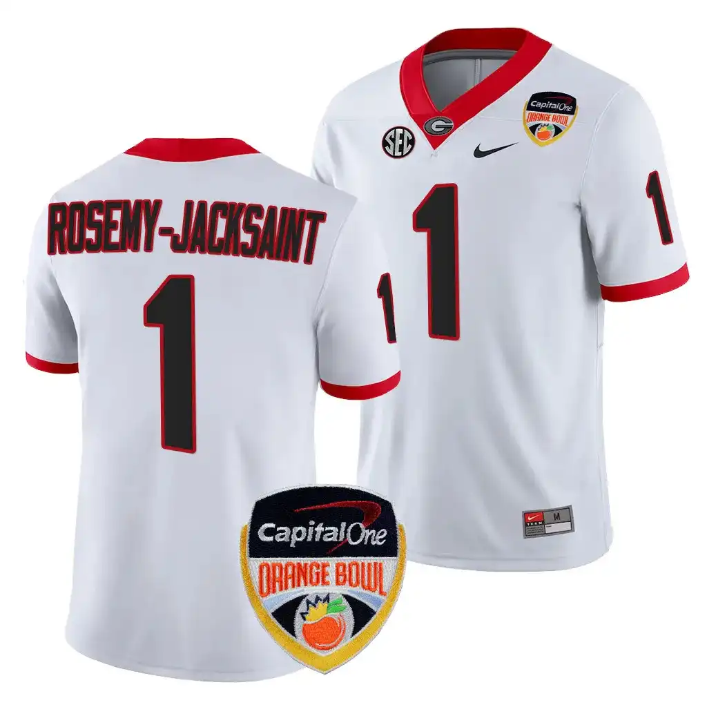 Men's Georgia Bulldogs #1 Marcus Rosemy-Jacksaint 2023 Orange Bowl Playoff Shirt College White Football Jersey 2410YVKG2