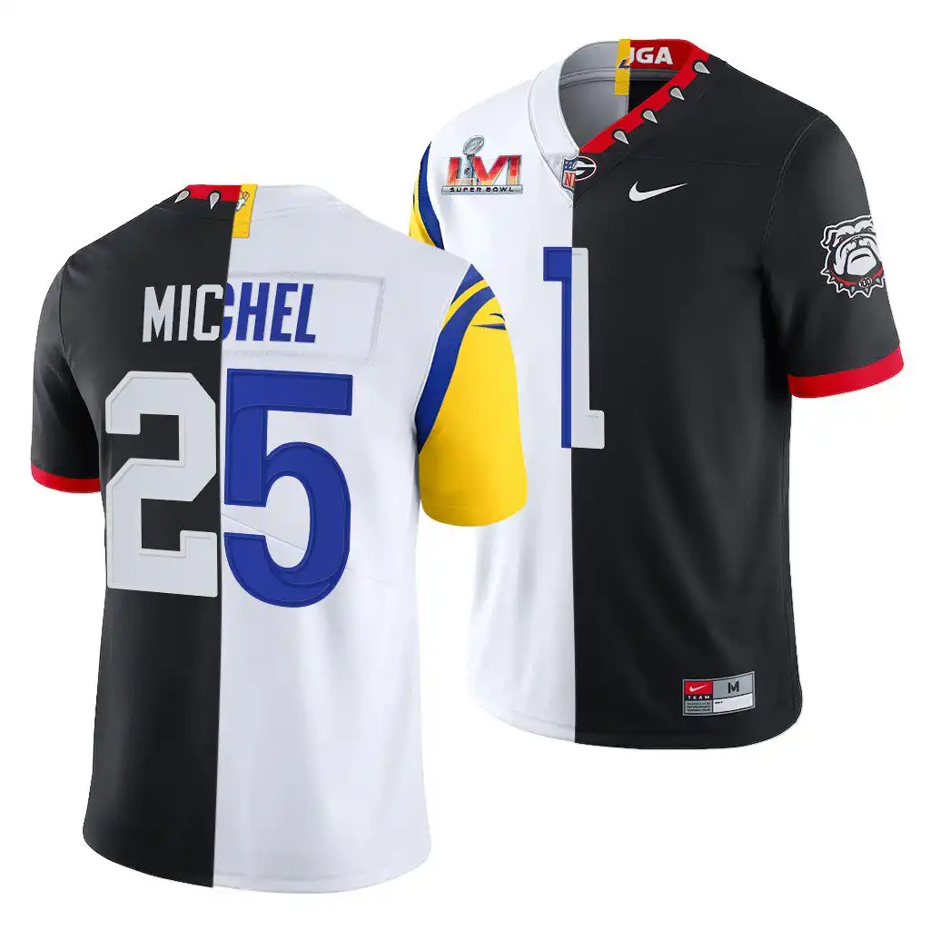 Men's Georgia Bulldogs #1 Sony Michel Super Bowl Black Dual Teams Split College LVI X LA Rams White Football Jersey 2410FKVB5