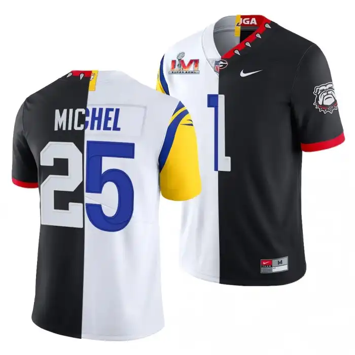 Men's Georgia Bulldogs #1 Sony Michel Super Bowl Black Dual Teams Split College LVI X LA Rams White Football Jersey 2410RLIN4