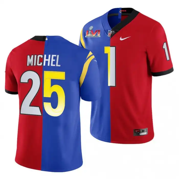 Men's Georgia Bulldogs #1 Sony Michel Super Bowl Red Dual Teams Split College LVI X LA Rams Royal Football Jersey 2410LZBJ4