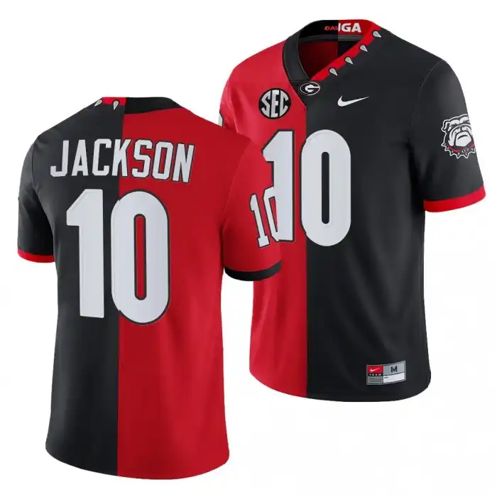 Men's Georgia Bulldogs #10 Kearis Jackson 2021-22 0th Anniversary Black College Split Edition Mascot Red Football Jersey 2410NJCT8