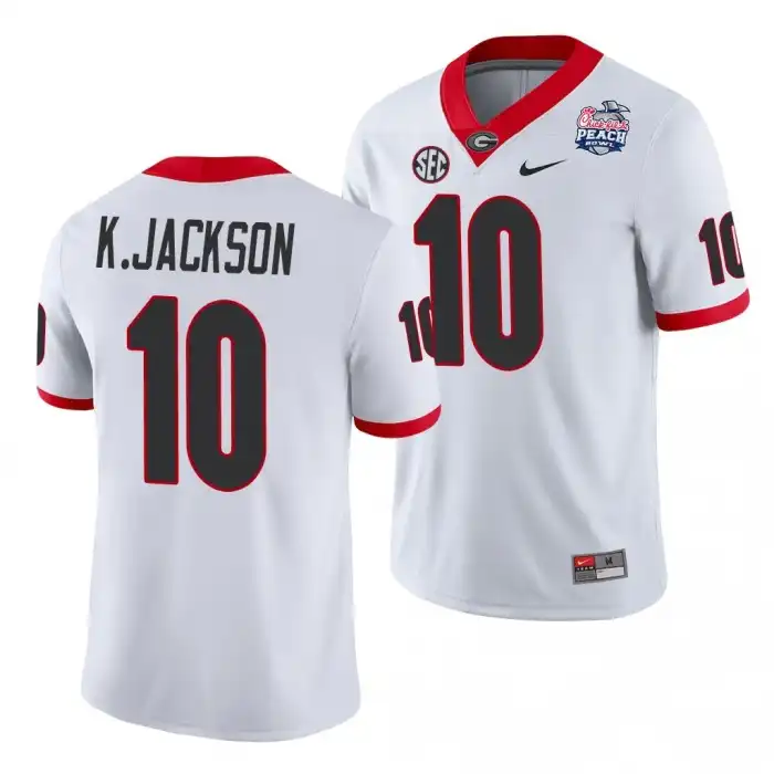 Men's Georgia Bulldogs #10 Kearis Jackson 2021 Peach Bowl College White Football Jersey 2410WFVD1