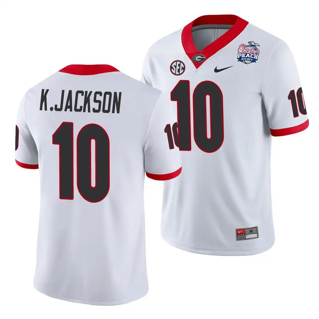 Men's Georgia Bulldogs #10 Kearis Jackson 2021 Peach Bowl College White Football Jersey 2410XHAS6