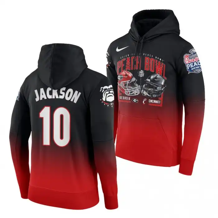 Men's Georgia Bulldogs #10 Kearis Jackson 2021 Peach Bowl Red College Gradient Football Hoodie 2410IVIG4