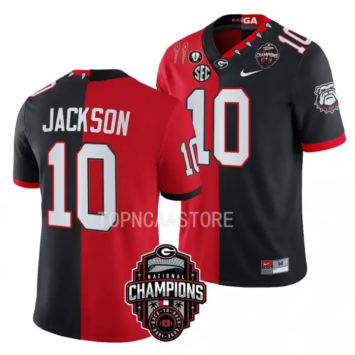 Men's Georgia Bulldogs #10 Kearis Jackson Back-To-Back Red College 2X National Champions Black Split Football Jersey 2410JPHJ7