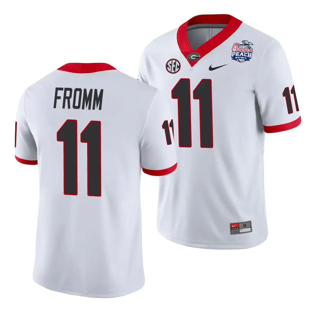 Men's Georgia Bulldogs #11 Jake Fromm 2021 Peach Bowl College White Football Jersey 2410ADES3