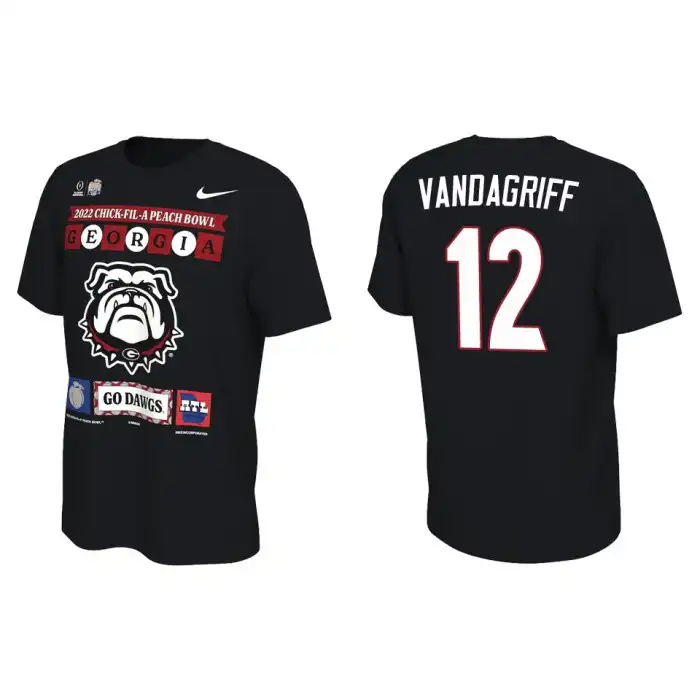 Men's Georgia Bulldogs #12 Brock Vandagriff Black 2022 Peach Bowl College Playoff Illustrated Football T-Shirt 2410AAAG5