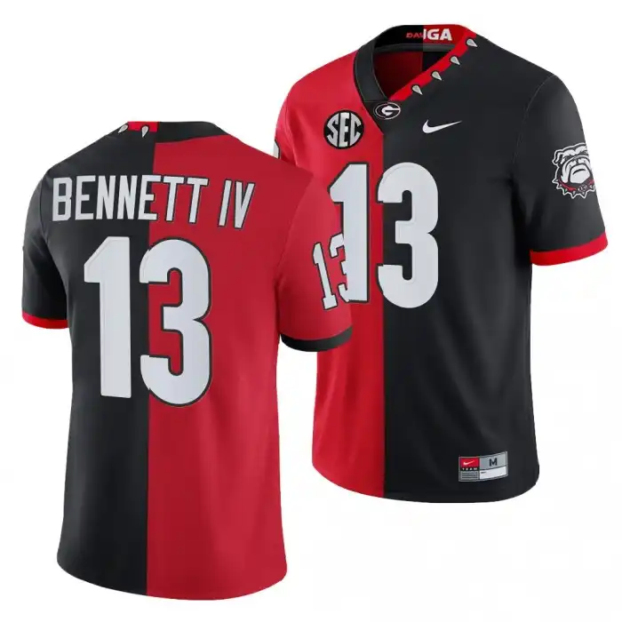 Men's Georgia Bulldogs #13 Stetson Bennett 2021-22 100th Anniversary Black College Split Edition Mascot Red Football Jersey 2410EKNI5