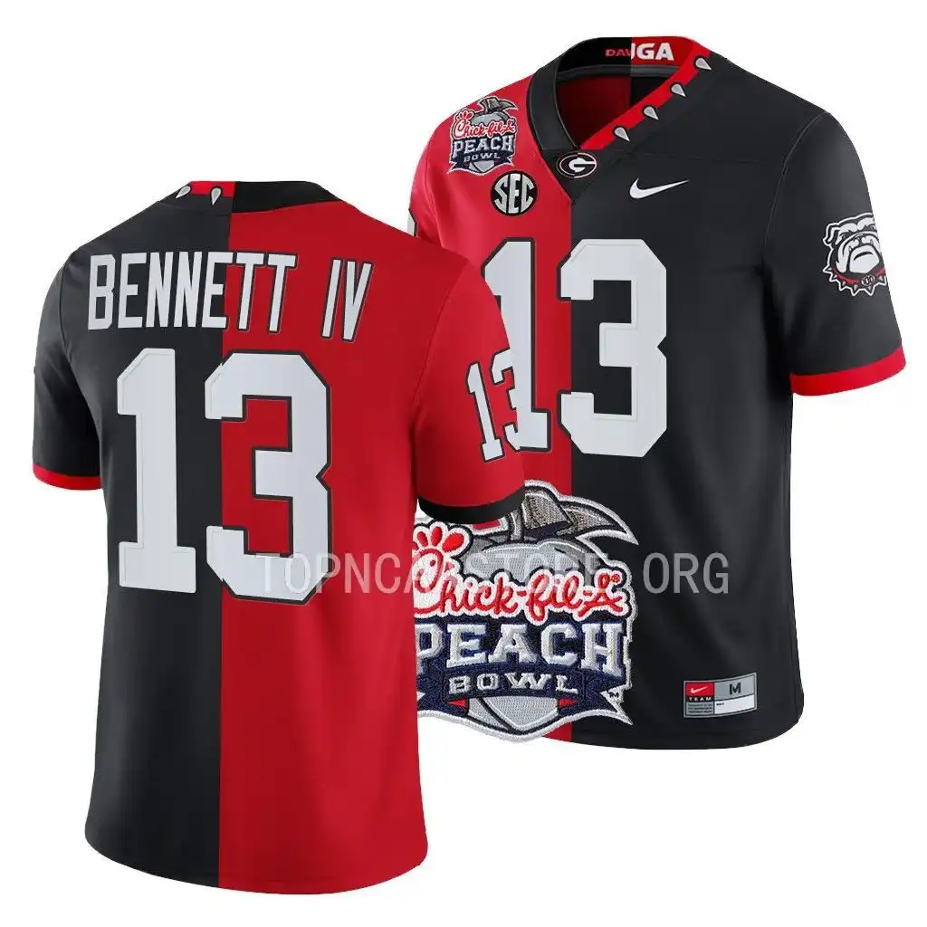 Men's Georgia Bulldogs #13 Stetson Bennett 2022 Peach Bowl Red College Split Black Football Jersey 2410VKKD2