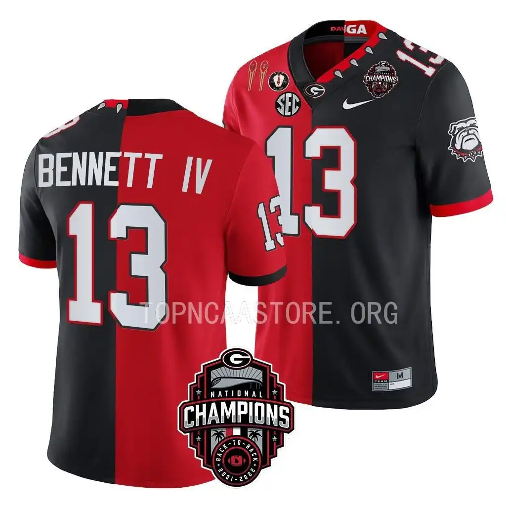 Men's Georgia Bulldogs #13 Stetson Bennett Back-To-Back Red College 2X National Champions Black Split Football Jersey 2410VMJO0