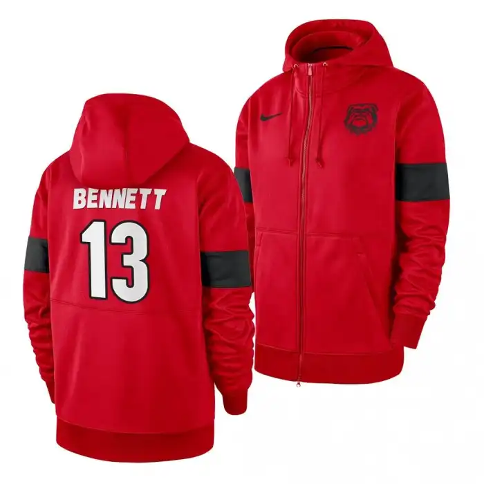 Men's Georgia Bulldogs #13 Stetson Bennett Red Full-Zip College Sideline Performance Football Hoodie 2410DQBC1