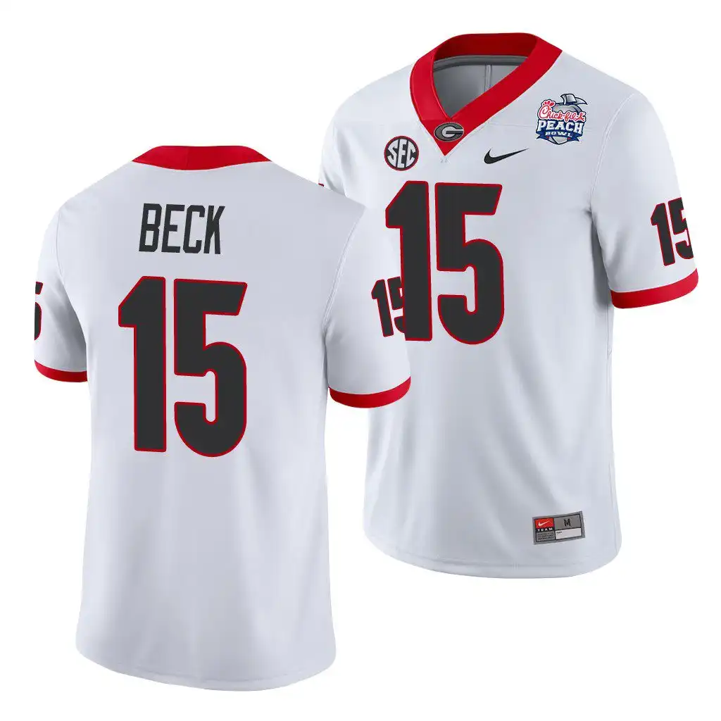 Men's Georgia Bulldogs #15 Carson Beck 2021 Peach Bowl College White Football Jersey 2410OGZX0