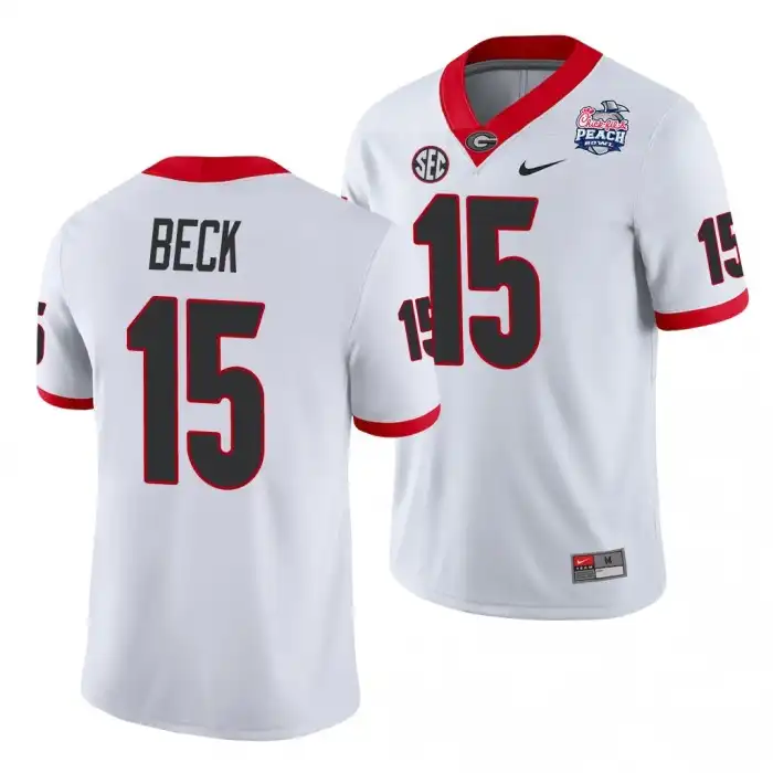 Men's Georgia Bulldogs #15 Carson Beck 2021 Peach Bowl College White Football Jersey 2410UKBE6