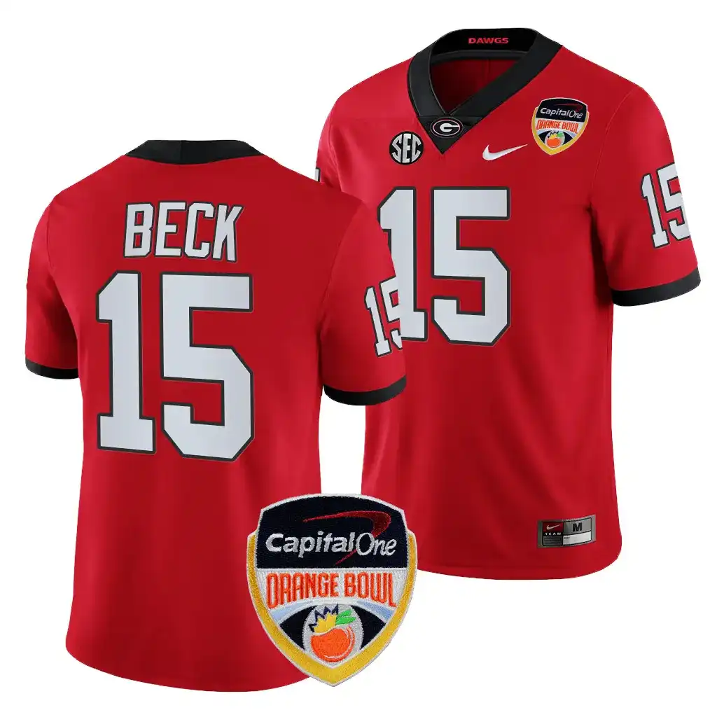 Men's Georgia Bulldogs #15 Carson Beck 2023 Orange Bowl Playoff College Red Football Jersey 2410AWGR4