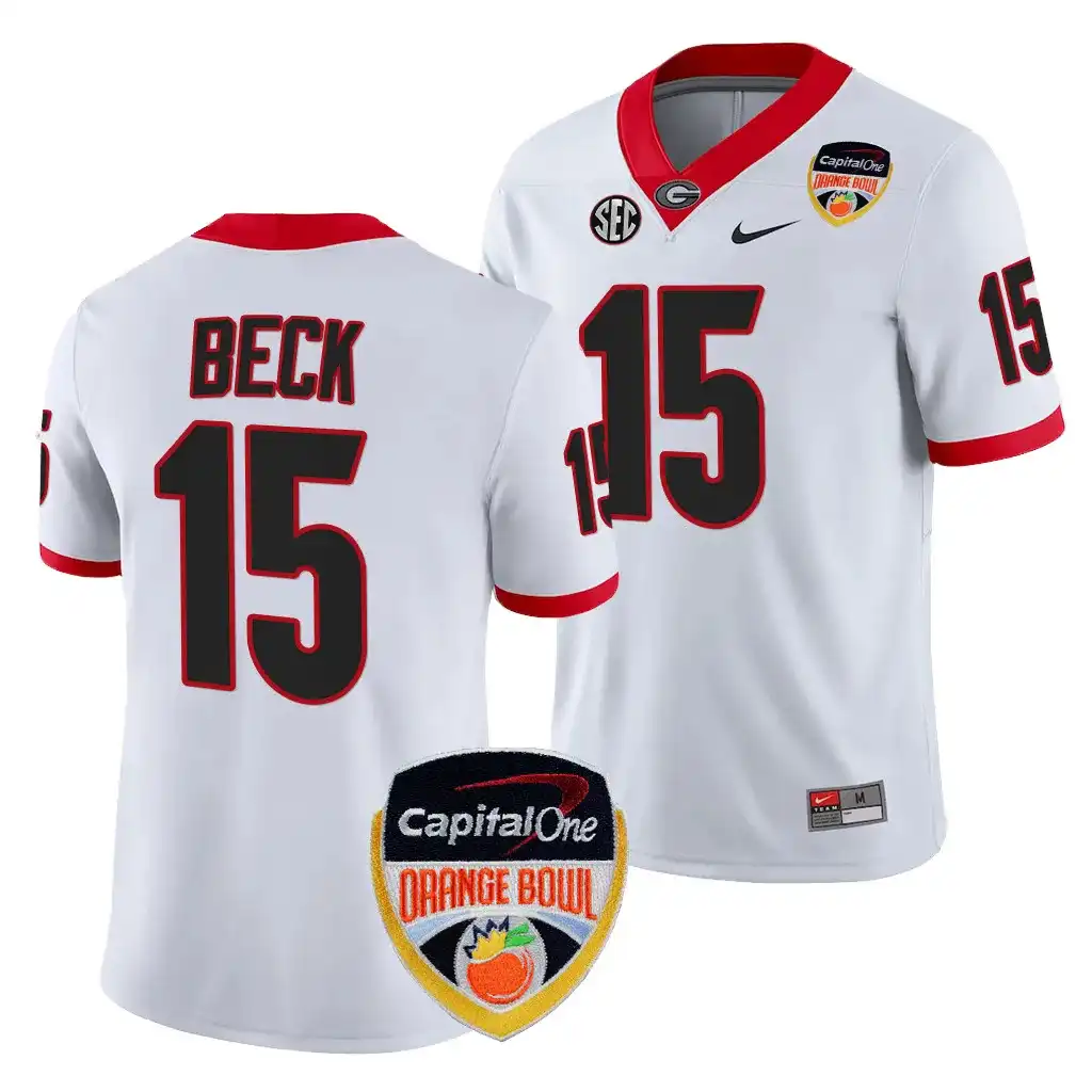 Men's Georgia Bulldogs #15 Carson Beck 2023 Orange Bowl Playoff Shirt College White Football Jersey 2410SQCJ6