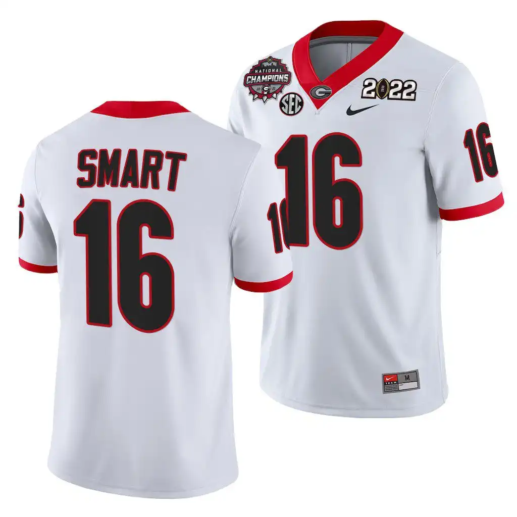 Men's Georgia Bulldogs #16 Kirby Smart 2021 National Champions Honor Coah College CFP White Football Jersey 2410BFLH7