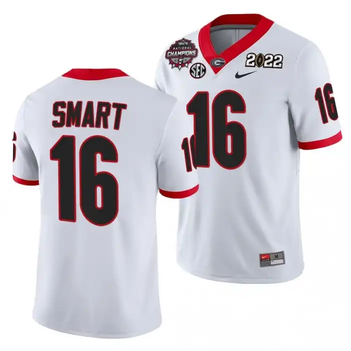 Men's Georgia Bulldogs #16 Kirby Smart 2021 National Champions Honor Coah College CFP White Football Jersey 2410KIXB0