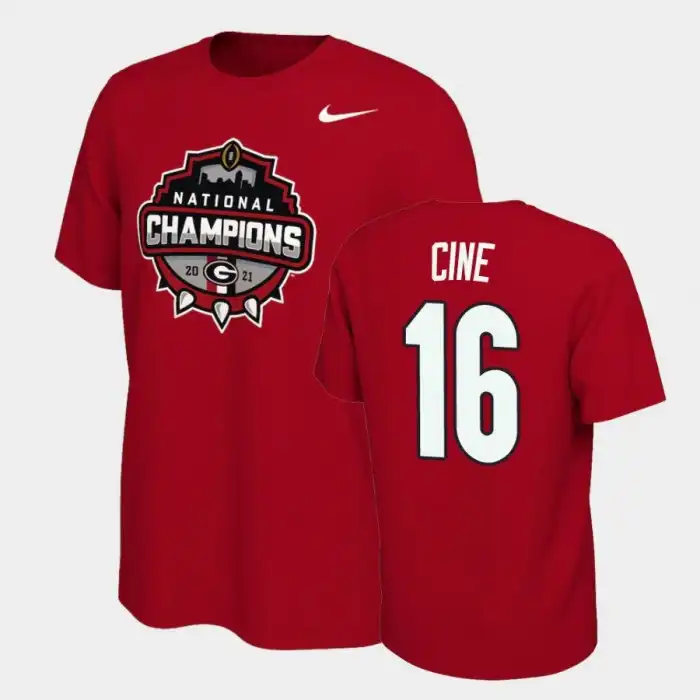 Men's Georgia Bulldogs #16 Lewis Cine 2021 National Champions College Red Football T-Shirt 2410XHBY8