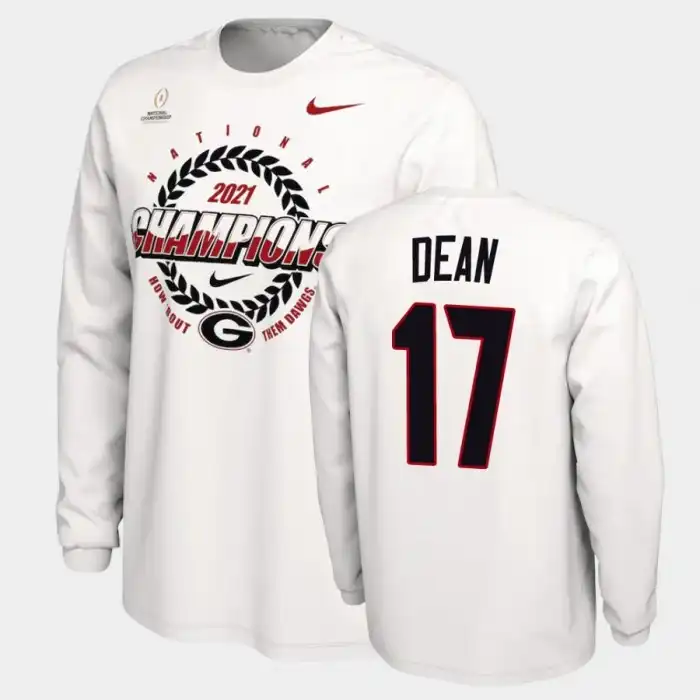 Men's Georgia Bulldogs #17 Nakobe Dean 2021 National Champions College White Football T-Shirt 2410SGCA8