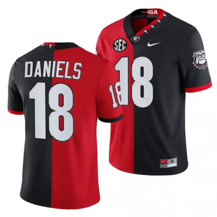 Men's Georgia Bulldogs #18 JT Daniels 2021-22 100th Anniversary Black College Split Edition Mascot Red Football Jersey 2410PHIH5