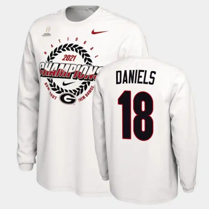 Men's Georgia Bulldogs #18 JT Daniels 2021 National Champions College White Football T-Shirt 2410DXAO6