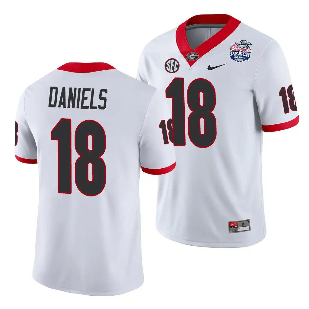 Men's Georgia Bulldogs #18 JT Daniels 2021 Peach Bowl College White Football Jersey 2410FSUY2