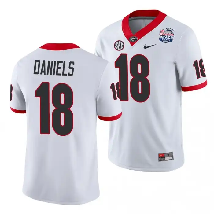 Men's Georgia Bulldogs #18 JT Daniels 2021 Peach Bowl College White Football Jersey 2410LLDI5