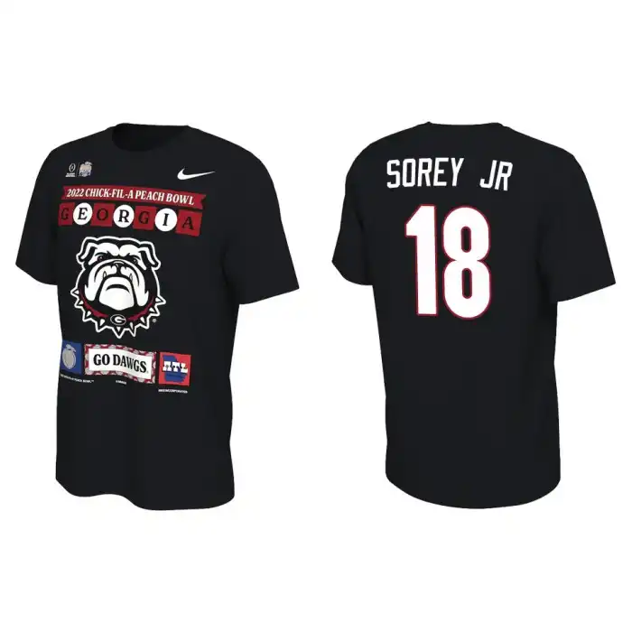 Men's Georgia Bulldogs #18 Xavian Sorey Jr. Black 2022 Peach Bowl College Playoff Illustrated Football T-Shirt 2410NVZE6