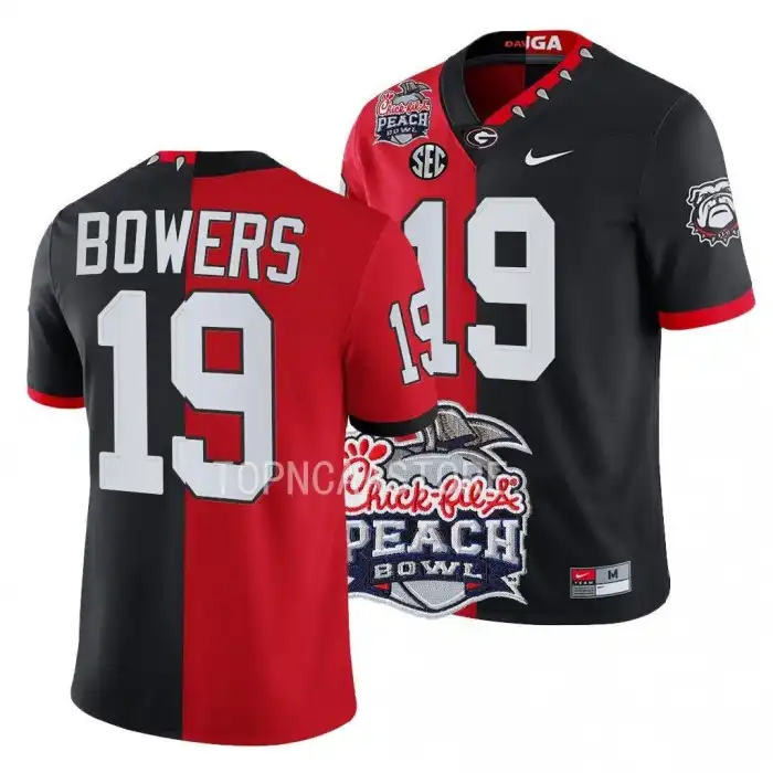 Men's Georgia Bulldogs #19 Brock Bowers 2022 Peach Bowl Red College Split Black Football Jersey 2410QVJX0