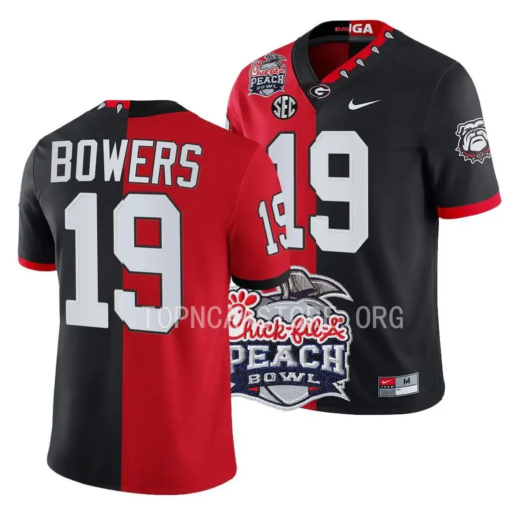 Men's Georgia Bulldogs #19 Brock Bowers 2022 Peach Bowl Red College Split Black Football Jersey 2410XUVC7