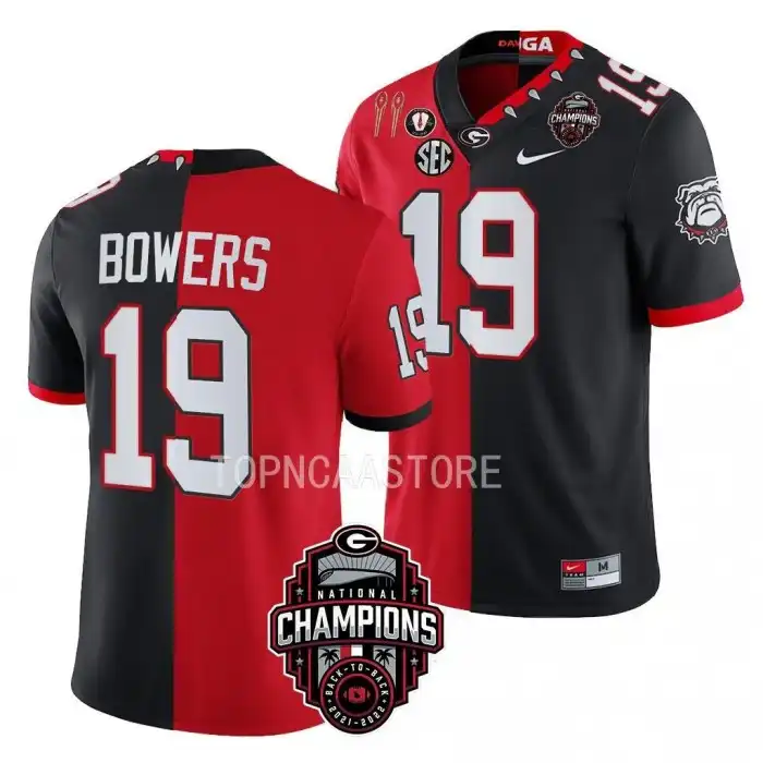 Men's Georgia Bulldogs #19 Brock Bowers Back-To-Back Red College 2X National Champions Black Split Football Jersey 2410XIHH7