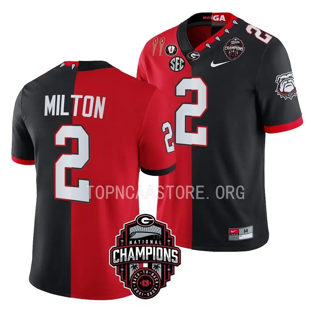 Men's Georgia Bulldogs #2 Kendall Milton Back-To-Back Red College 2X National Champions Black Split Football Jersey 2410MKPF4