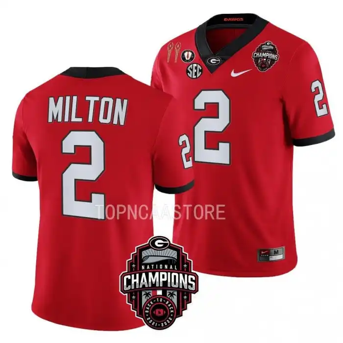 Men's Georgia Bulldogs #2 Kendall Milton Back-To-Back Red College National Champions CFBPlayoff 2023 Football Jersey 2410KOOG5