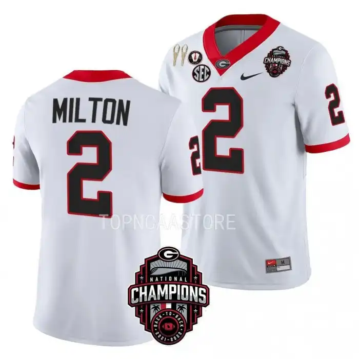 Men's Georgia Bulldogs #2 Kendall Milton Back-To-Back White College National Champions CFBPlayoff 2023 Football Jersey 2410DJJJ1