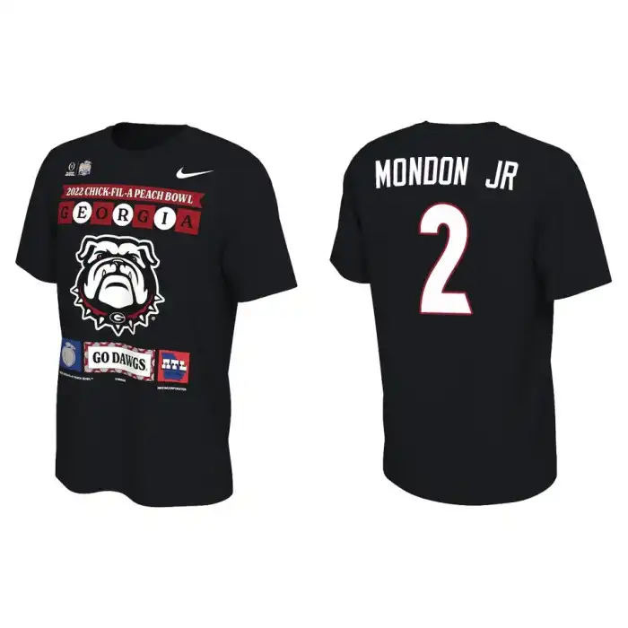 Men's Georgia Bulldogs #2 Smael Mondon Jr. Black 2022 Peach Bowl College Playoff Illustrated Football T-Shirt 2410OHLR1