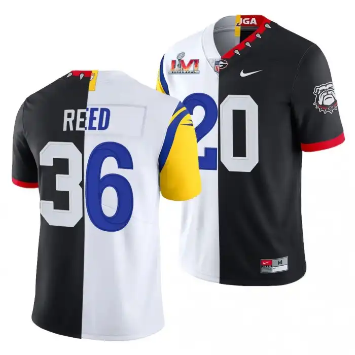 Men's Georgia Bulldogs #20 J.R. Reed Super Bowl Black Dual Teams Split College LVI X LA Rams White Football Jersey 2410ANUX2