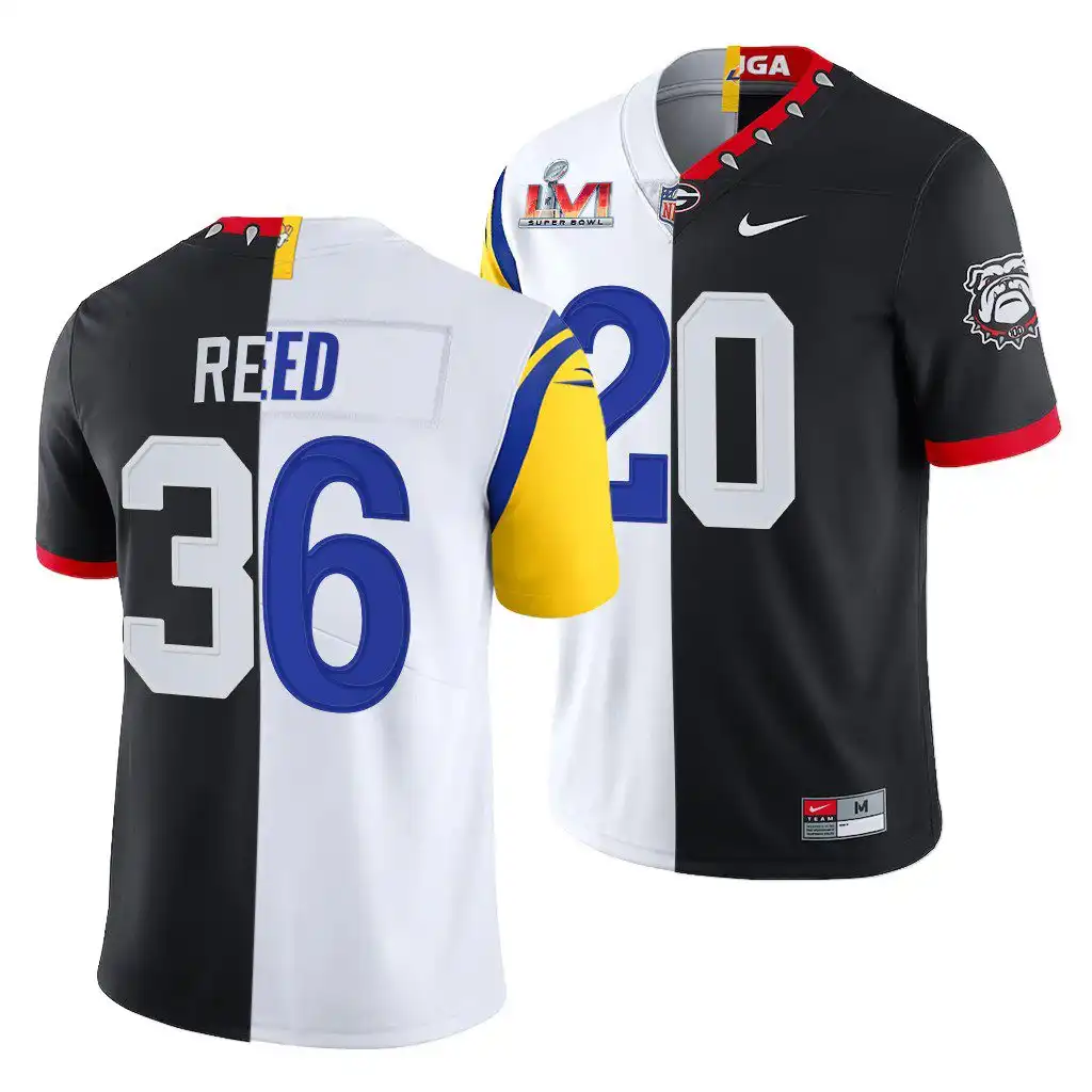 Men's Georgia Bulldogs #20 J.R. Reed Super Bowl Black Dual Teams Split College LVI X LA Rams White Football Jersey 2410MOZG5