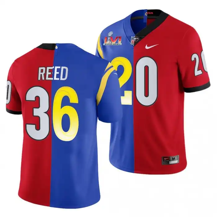 Men's Georgia Bulldogs #20 J.R. Reed Super Bowl Red Dual Teams Split College LVI X LA Rams Royal Football Jersey 2410WJOB5