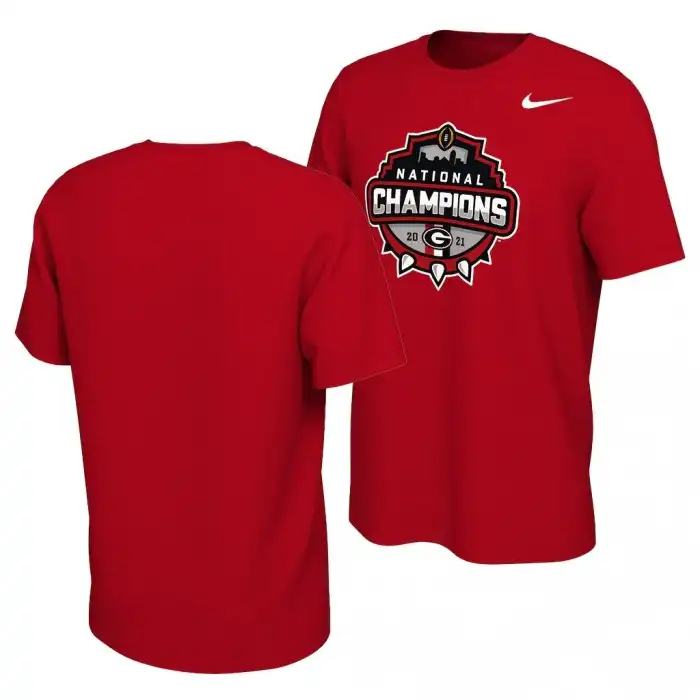 Men's Georgia Bulldogs 2021 National Champions Celebration Official Logo College CFP Red Football T-Shirt 2410LUIU4