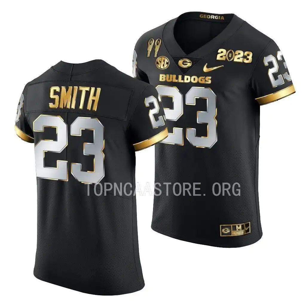 Men's Georgia Bulldogs #23 Tykee Smith 2X CFBPlayoff National Champions Golden College Black Limited Football Jersey 2410BORR4