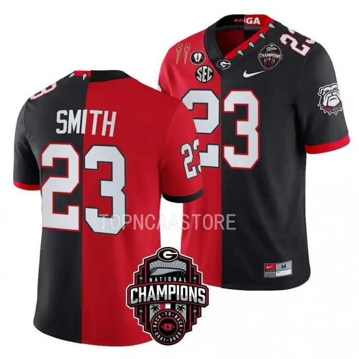 Men's Georgia Bulldogs #23 Tykee Smith Back-To-Back Red College 2X National Champions Black Split Football Jersey 2410BNMM5