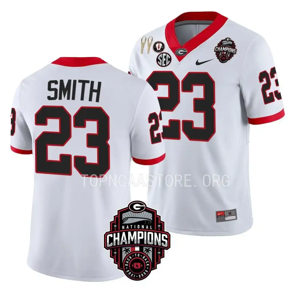 Men's Georgia Bulldogs #23 Tykee Smith Back-To-Back White College National Champions CFBPlayoff 2023 Football Jersey 2410GVWJ2