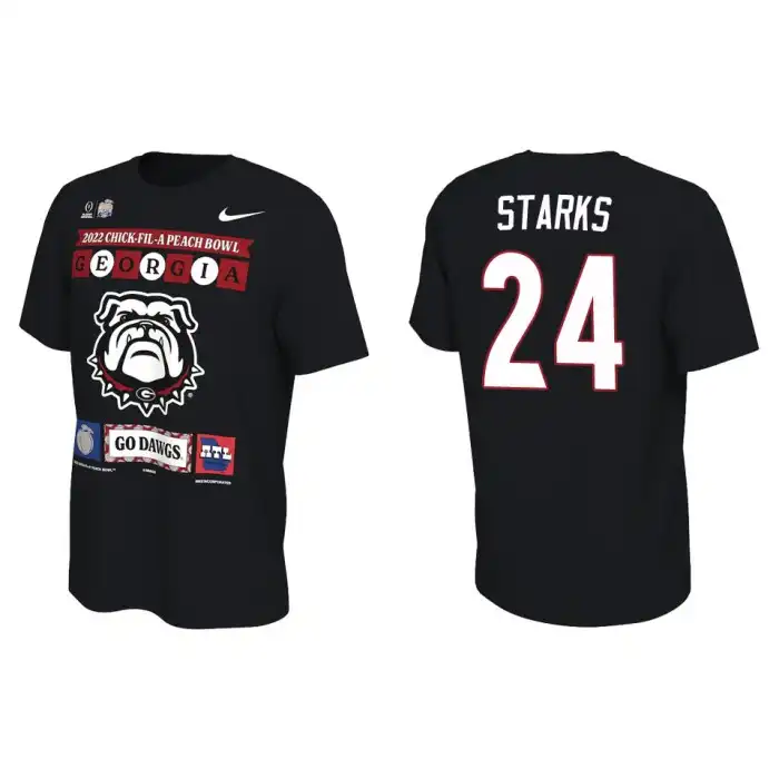 Men's Georgia Bulldogs #24 Malaki Starks Black 2022 Peach Bowl College Playoff Illustrated Football T-Shirt 2410GEVF2