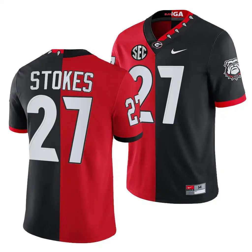 Men's Georgia Bulldogs #27 Eric Stokes Red 100th Season Alumni College Black Split Edition NFL Football Jersey 2410STYL7