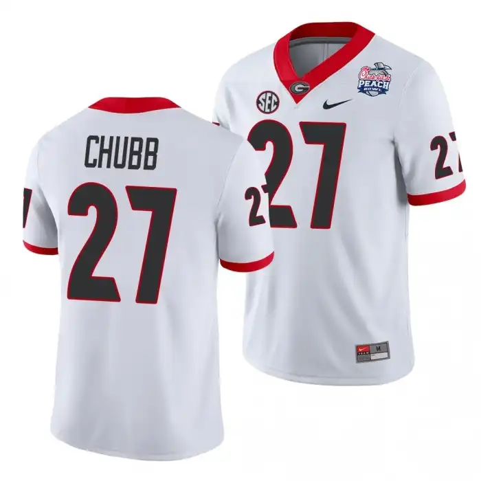 Men's Georgia Bulldogs #27 Nick Chubb 2021 Peach Bowl College White Football Jersey 2410OMSL3