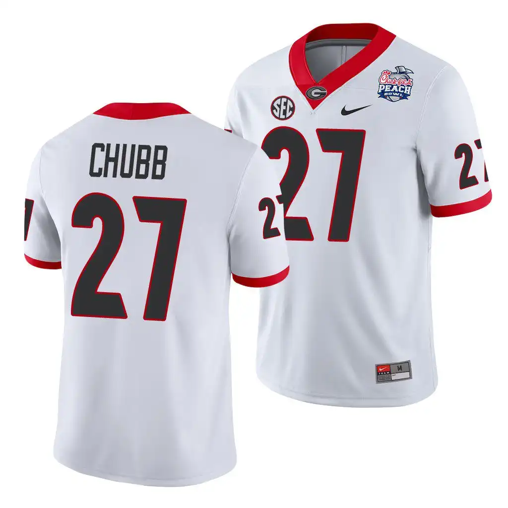 Men's Georgia Bulldogs #27 Nick Chubb 2021 Peach Bowl College White Football Jersey 2410OQEV4